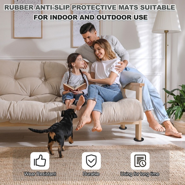 A 1:1 square ad featuring a family and their puppy on a sofa, emphasizing the utility and durability of protective mats through clear, icon-based benefit callouts.