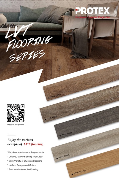 A feature-focused LVT flooring ad displaying five wood-grain texture samples alongside a living room lifestyle shot.