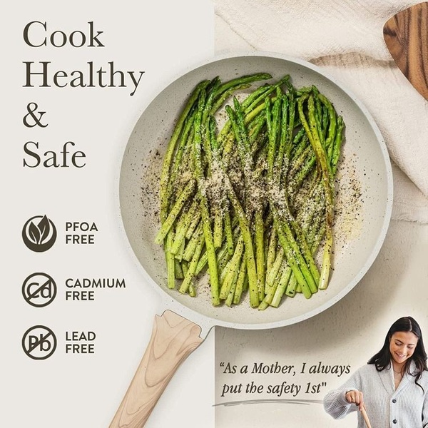 A clean, minimalist ad for a non-stick frying pan highlighting its PFOA, Cadmium, and Lead-free certifications through a maternal, safety-focused emotional appeal.