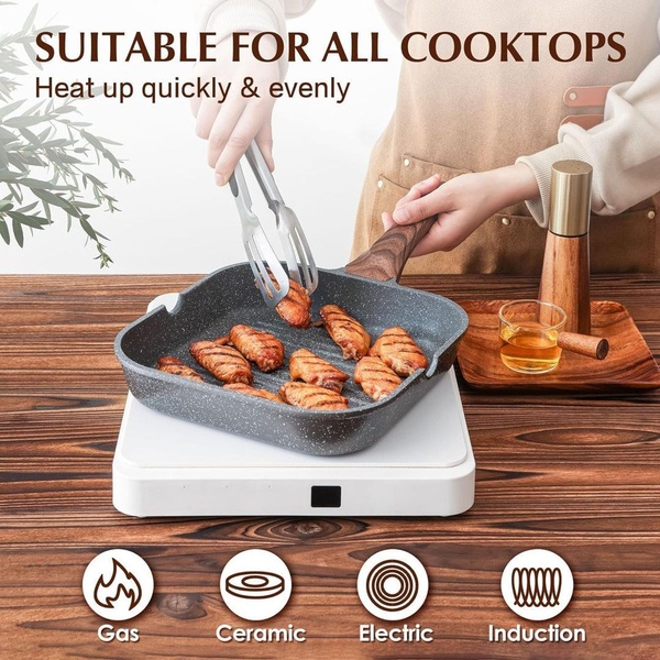 A clean, instructional ad showing a grill pan in action on an induction burner with clear compatibility icons.