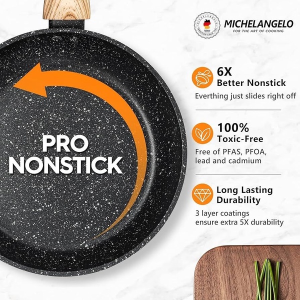 A clean, high-contrast ad layout for a nonstick frying pan that uses icon-based storytelling to communicate product durability and safety features.