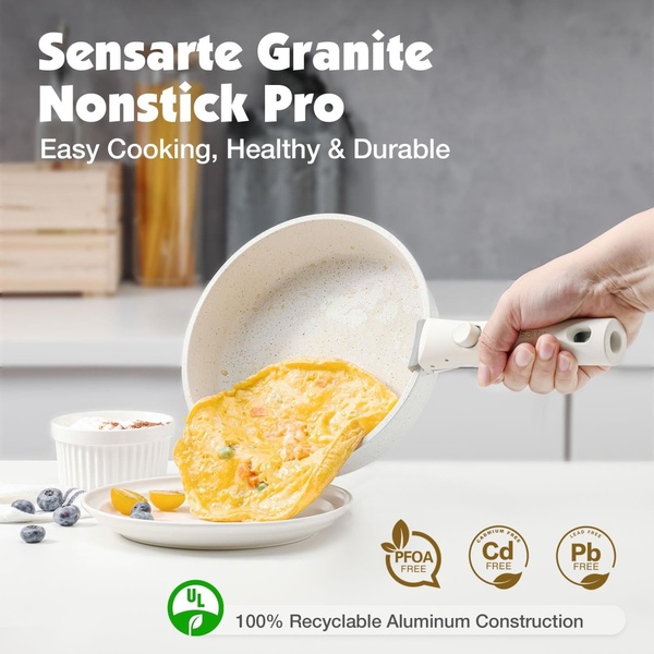 A clean, high-contrast ad featuring a granite nonstick pan being used for cooking, highlighted by health-conscious certifications and clear value-props.