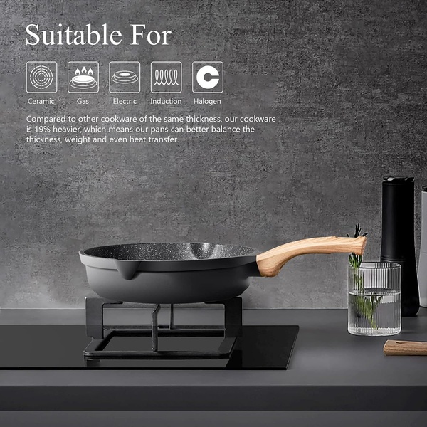 This static creative showcases a frying pan on a stove with clean iconography representing broad cooktop compatibility and a clear value-based comparison claim.