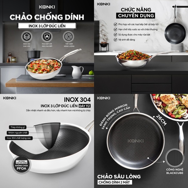 A four-panel grid advertisement showcasing the technical construction, multi-functional use, and key benefits of a 3-layer stainless steel non-stick pan.