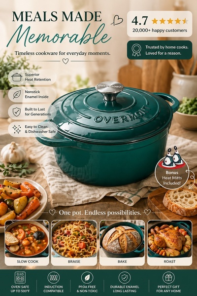 A feature-focused advertisement for an enamel Dutch oven that highlights usage versatility and technical specifications through structured infographic-style text.