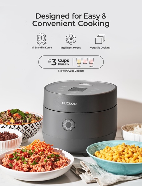 A clean, studio-lit advertisement for a Cuckoo rice cooker, highlighting core product features and capacity with appetizing food imagery.
