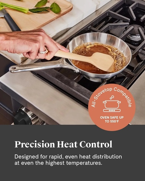 A close-up action shot of a hand cooking in a stainless steel frying pan, featuring an overlay icon highlighting heat resistance and direct product benefits.