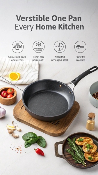 A clean, studio-lit photograph of a high-quality frying pan featuring icon-based feature highlights and clear, benefit-driven typography.