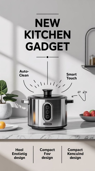 This ad creative uses a clean, studio-lit shot of a rice cooker with clear, lines-drawn annotations to highlight its primary smart features.