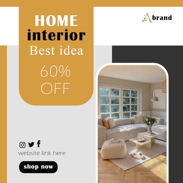 A clean 1:1 square advertisement featuring a lifestyle shot of a modern living room and a bold, high-contrast offer banner.