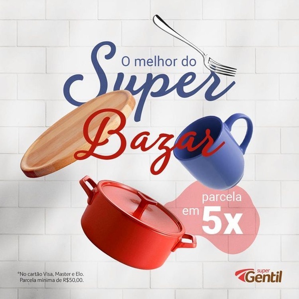 A 1:1 ratio advertisement for kitchen goods, featuring floating products like a casserole dish, mug, and wooden tray against a clean tiled background.