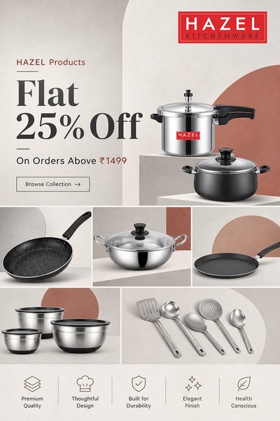 A clean, minimalist product grid displaying various stainless steel kitchenware items with a clear percentage-based offer overlay.