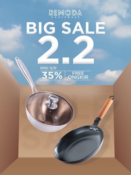 A promotional ad featuring a stainless steel and non-stick frying pan displayed inside a floating cardboard box against a clear blue sky.