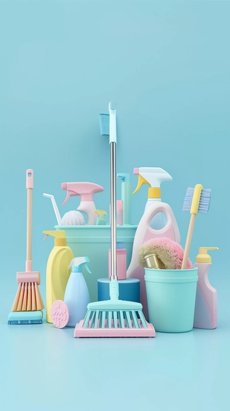 A high-quality, studio-lit photograph showcasing a collection of cleaning supplies arranged in a symmetrical, pastel-themed composition on a matching backdrop.