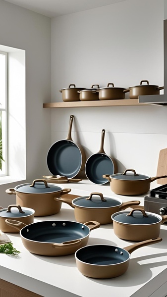A high-quality studio shot of a complete matching cookware set arranged on a kitchen counter in a bright, modern setting.