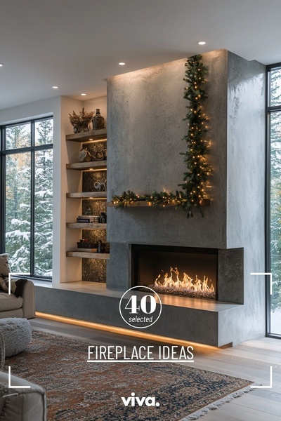 A sophisticated, high-end living room featuring a concrete fireplace, warm LED lighting, and festive holiday decor.