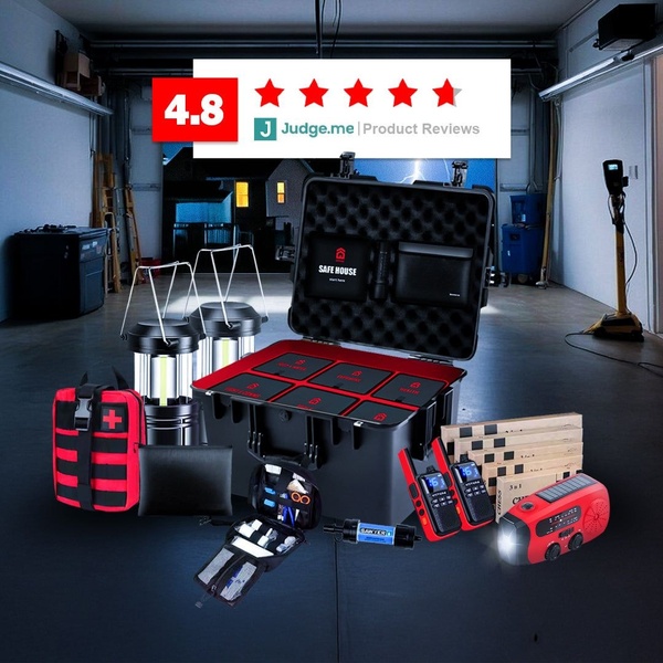 This creative showcases a comprehensive emergency preparedness kit alongside a 4.8 star review rating, emphasizing readiness and reliability through clear, organized product display.