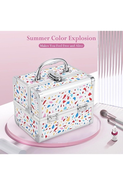makeup train case, cosmetic organizer box, beauty storage case, makeup case with lock, cosmetic travel case, makeup organizer case, new arrival, brand awareness, minimalist, editorial, playful, fresh, pink, neutral, pastel, summer sale