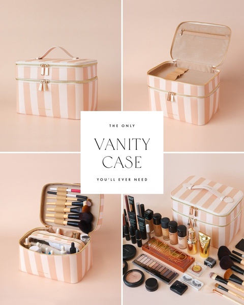 vanity case, makeup case, cosmetic bag, makeup organizer, travel makeup bag, beauty case, product launch, brand awareness, minimalist, flat lay, calm, warm, pastel, neutral, gold