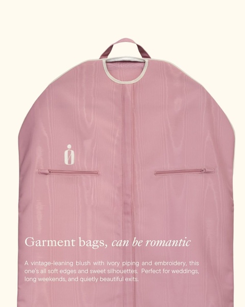 garment bag, suit bag, clothing travel bag, dress bag, garment cover bag, travel garment bag, new arrival, brand awareness, minimalist, editorial, warm, luxurious, pink, neutral