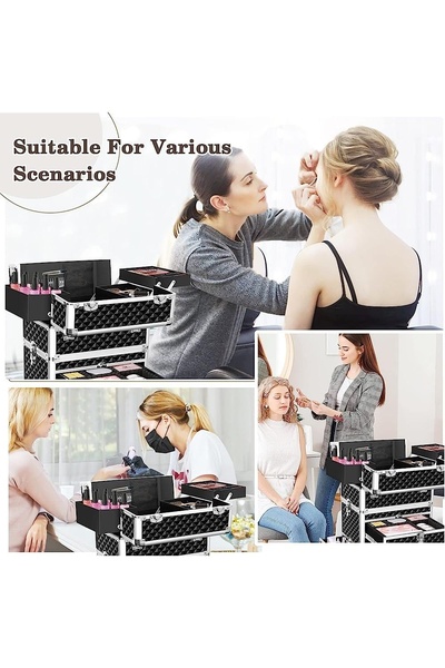 makeup case, cosmetic organizer case, makeup storage box, beauty case, makeup artist case, cosmetic travel case, product launch, brand awareness, lifestyle, trustworthy, calm, black, neutral, pink