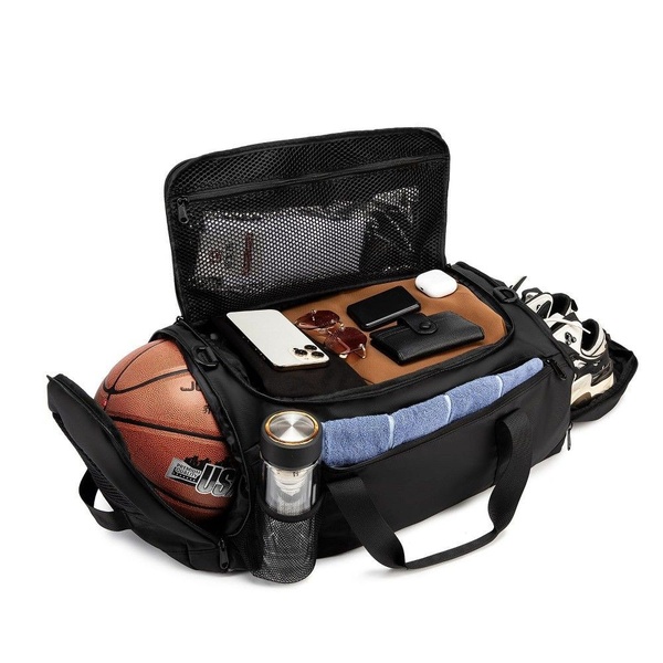 A high-clarity 1:1 image showing the internal organization of a sports duffle bag, featuring dedicated space for a basketball, water bottle, and personal items.