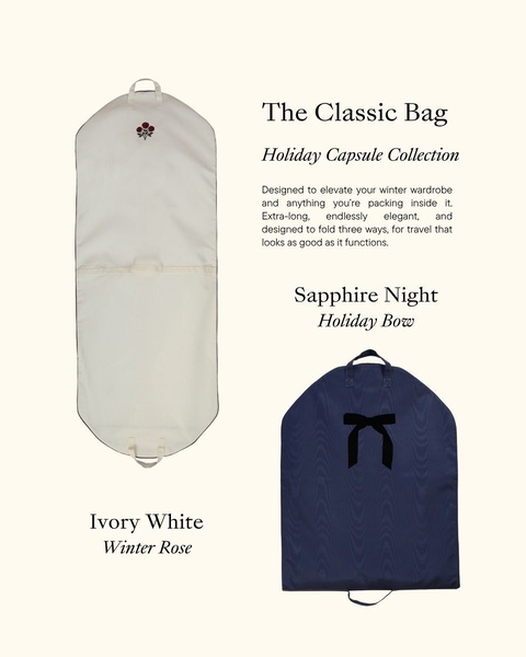 garment bag, suit bag, dress bag, clothing travel bag, hanging garment bag, travel garment cover, product launch, new arrival, minimalist, editorial, luxurious, calm, neutral, blue, christmas