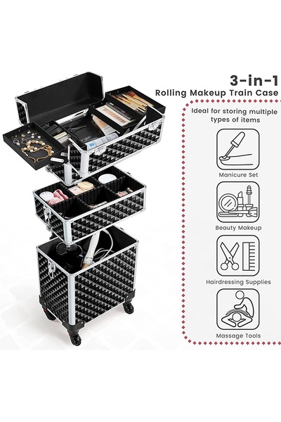 makeup train case, rolling makeup case, cosmetic trolley case, makeup organizer case, beauty storage case, rolling cosmetic case, product launch, brand awareness, minimalist, trustworthy, bold, black, neutral