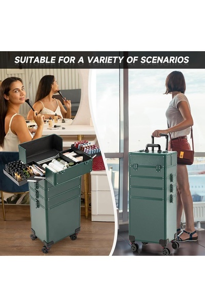 makeup trolley case, rolling cosmetic case, beauty train case, makeup organizer trolley, cosmetic travel case, rolling makeup storage, product launch, brand awareness, lifestyle, trustworthy, fresh, green, neutral
