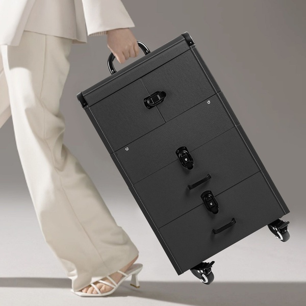 rolling makeup case, cosmetic train case, makeup trolley, beauty travel case, makeup storage case, new arrival, minimalist, editorial, luxurious, calm, neutral, black