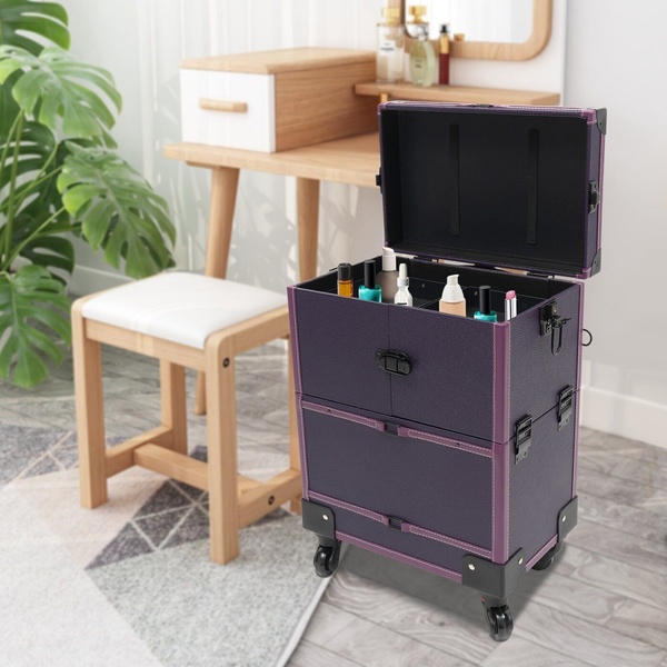 makeup train case, rolling makeup case, cosmetic trolley case, beauty storage box, travel makeup organizer, product demo, lifestyle, minimalist, calm, trustworthy, purple, neutral