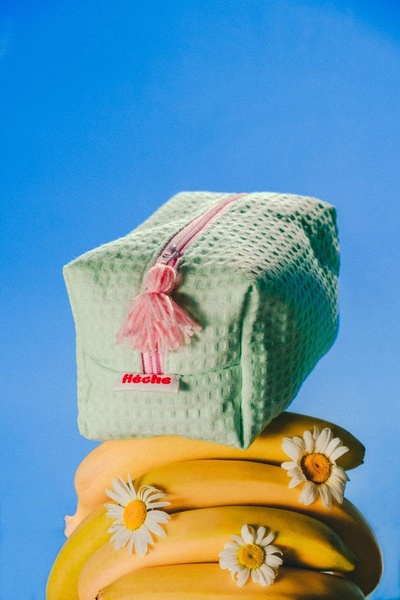 cosmetic bag, toiletry pouch, travel bag, makeup bag, waffle weave pouch, new arrival, minimalist, fresh, playful, blue, yellow, pastel
