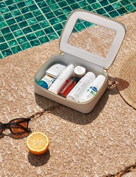 cosmetic bag, toiletry case, makeup bag, travel pouch, toiletry organizer, new arrival, lifestyle, outdoor, calm, fresh, neutral, blue, orange