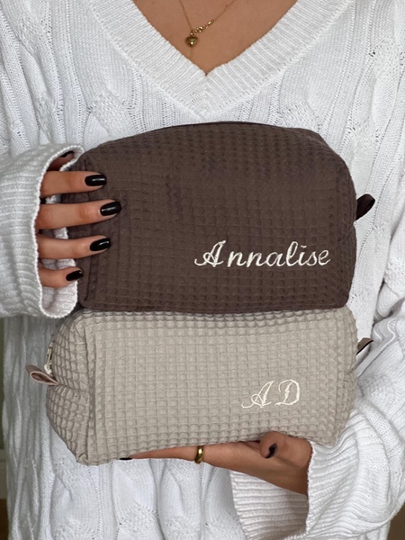 toiletry bag, cosmetic bag, makeup pouch, personalized pouch, waffle weave bag, product demo, lifestyle, calm, trustworthy, neutral, brown