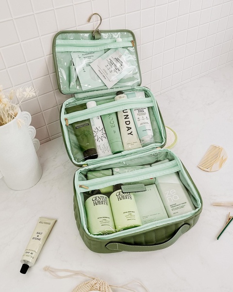 travel toiletry bag, hanging travel bag, makeup organizer, toiletry organizer, travel wash bag, new arrival, minimalist, flat lay, calm, fresh, green, neutral