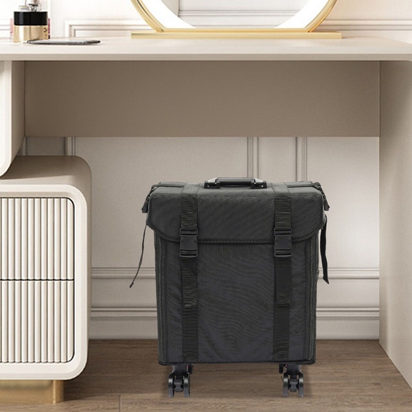 rolling makeup case, travel vanity case, makeup trolley, cosmetic storage case, rolling travel bag, minimalist, lifestyle, calm, trustworthy, neutral, black