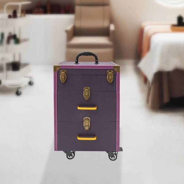 rolling makeup case, cosmetic trolley, makeup storage box, beauty case on wheels, professional makeup train case, bestseller push, minimalist, lifestyle, calm, luxurious, purple, neutral, gold