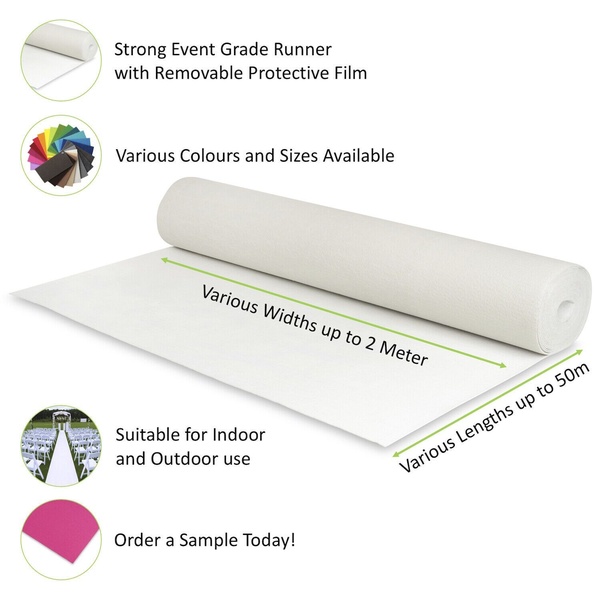 A clean, functional advertisement showcasing an event runner roll with specific callouts for sizing, color options, and utility.