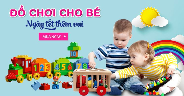 A horizontal creative featuring children playing with colorful building block toys alongside festive, bright imagery.