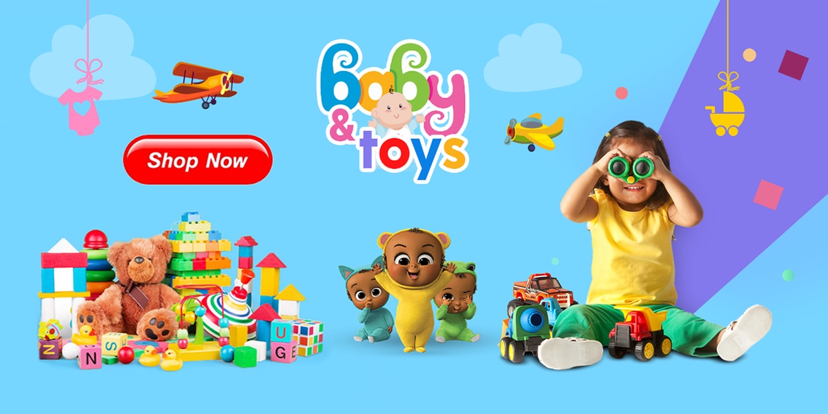 A high-contrast, playful ad creative showcasing a variety of children's toys and a child engaged in imaginative play on a light blue background.