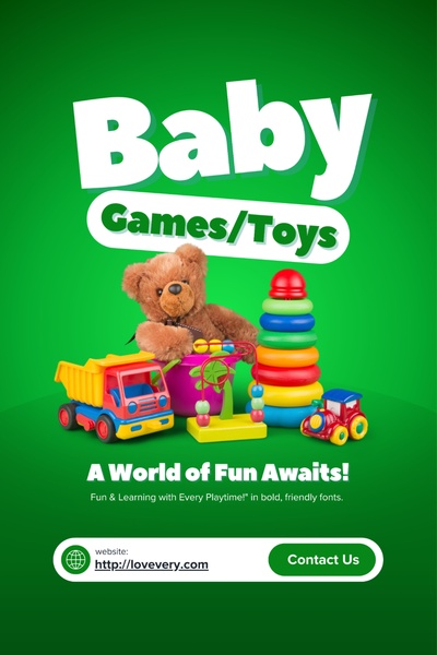 A vibrant vertical ad featuring a variety of baby toys including a teddy bear, stacking rings, and a colorful toy truck against a solid green background.