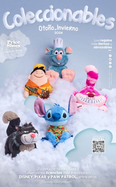 This creative displays a collection of licensed character plush toys resting on clouds against a soft blue backdrop, emphasizing a soft and inviting aesthetic.