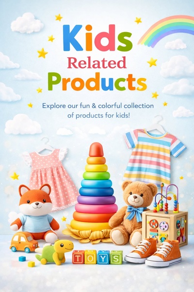 A vibrant, clean advertisement featuring a diverse collection of toys and kids apparel arranged on a light blue, cloud-filled background.