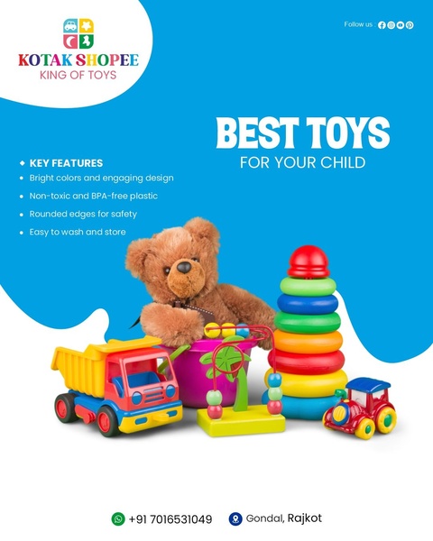 This ad creative for children's toys uses a clean, high-contrast layout to present key safety features and benefits alongside engaging product photography.
