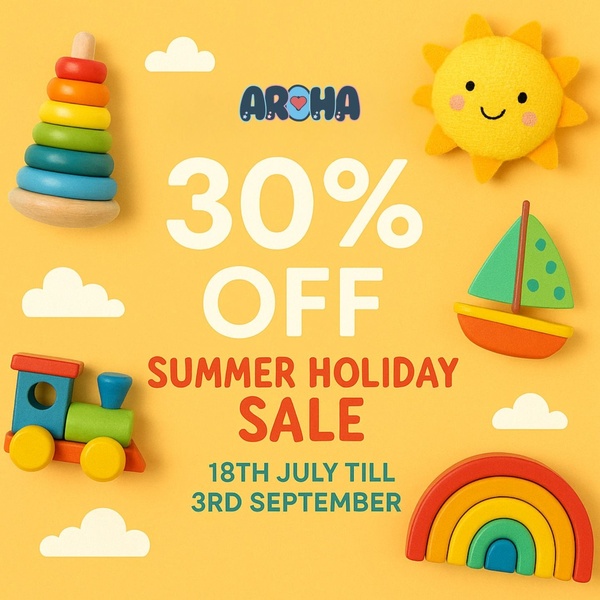 A bright, clean, square-format ad creative showcasing various colorful wooden toys on a solid yellow background with a clear discount offer.