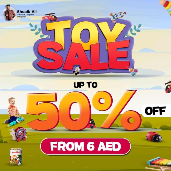 A vibrant, 1:1 square promotional graphic showcasing a toy store sale with bold typography and diverse product imagery.