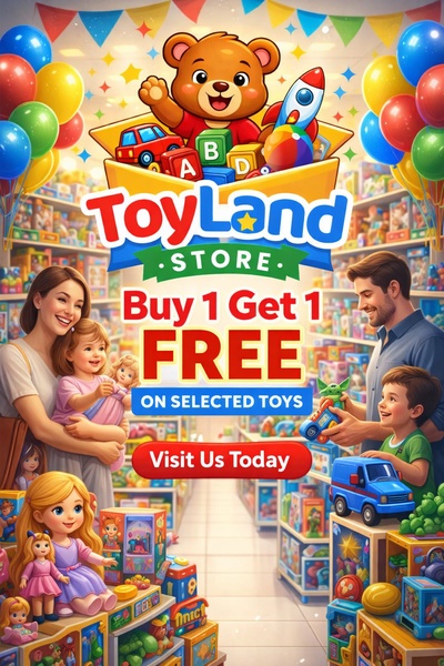 This ad creative utilizes a bright, festive atmosphere to highlight a BOGO promotion, featuring a diverse family interacting in a toy-filled environment.
