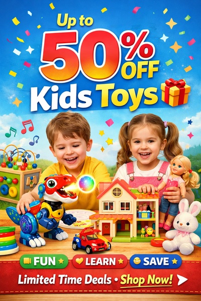 A bright, high-energy promotional ad featuring happy children interacting with various toys to highlight a store-wide sale event.
