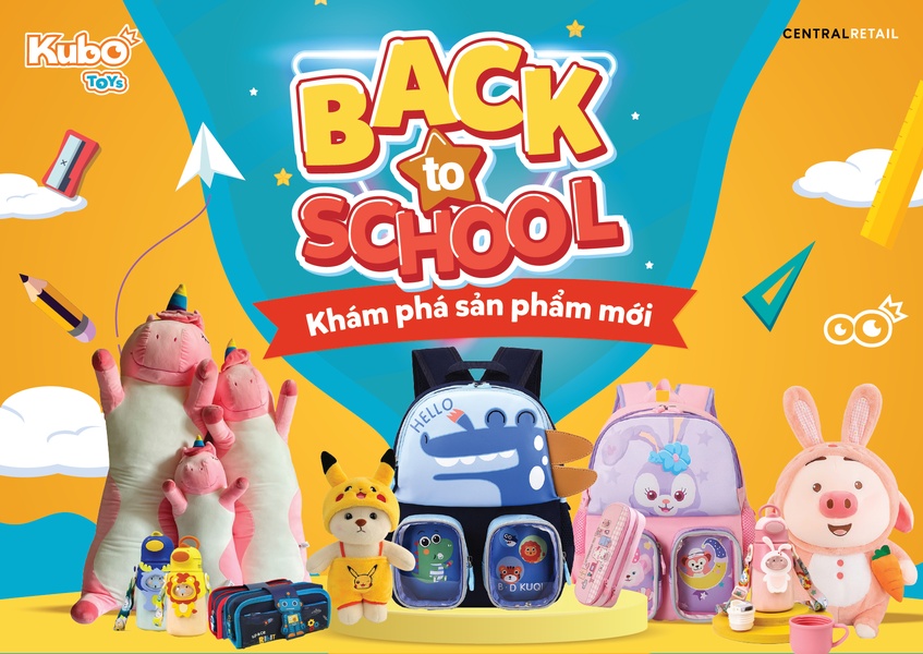 A vibrant 3:2 promotional graphic featuring a collection of plush toys, backpacks, and school accessories with a clear 'Back to School' headline.