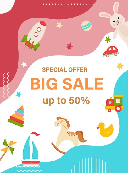 A festive, bright children's toy advertisement featuring a 50% discount offer with playful vector illustrations of toys and a clean white center space.